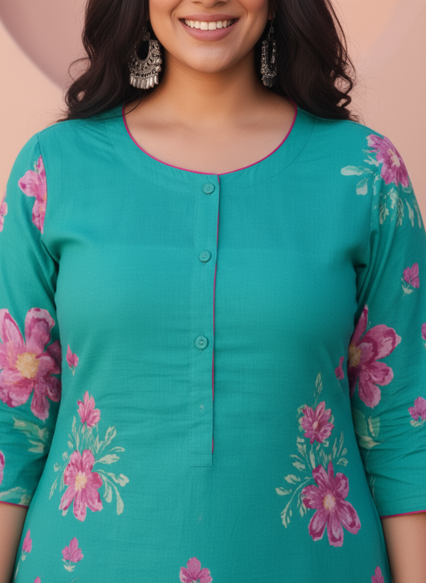 Soft Cotton Placement Print Flared Turquoise Kurta