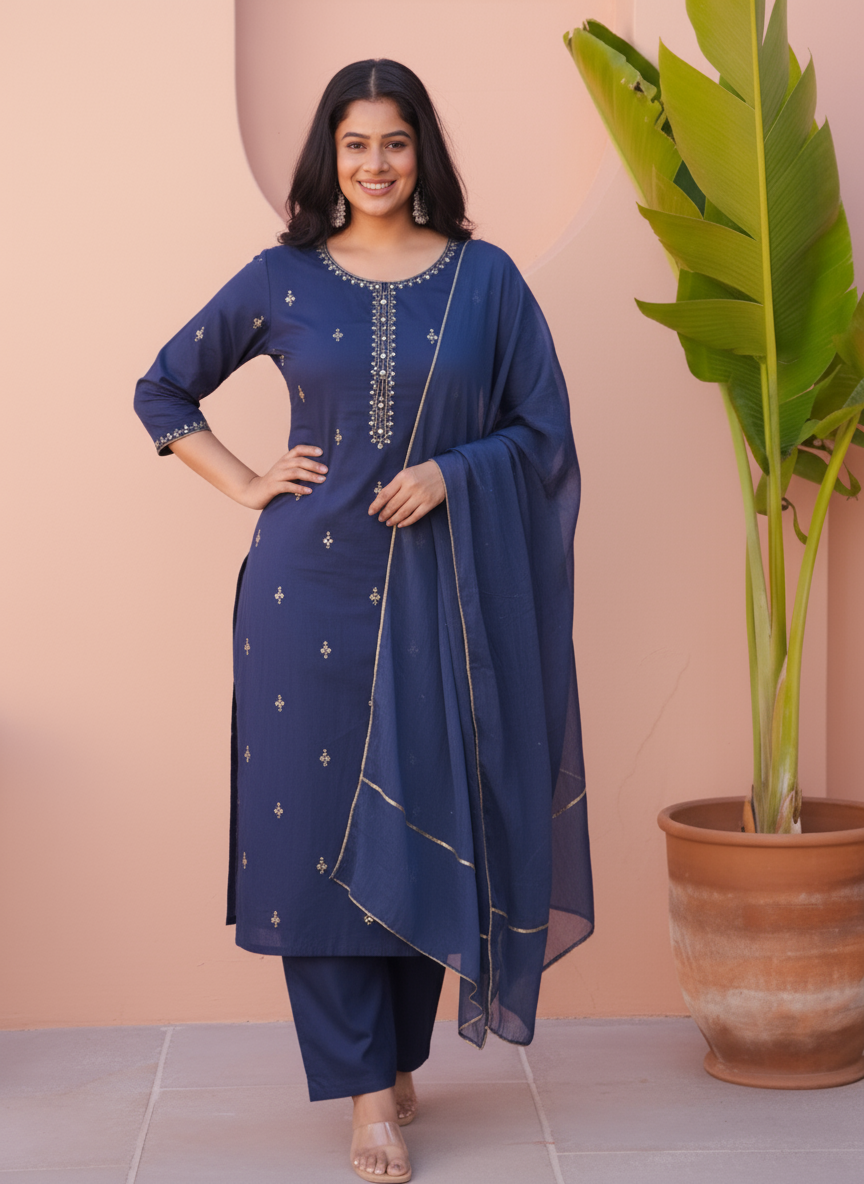 Soft Cotton Placement Print Flared Turquoise Kurta