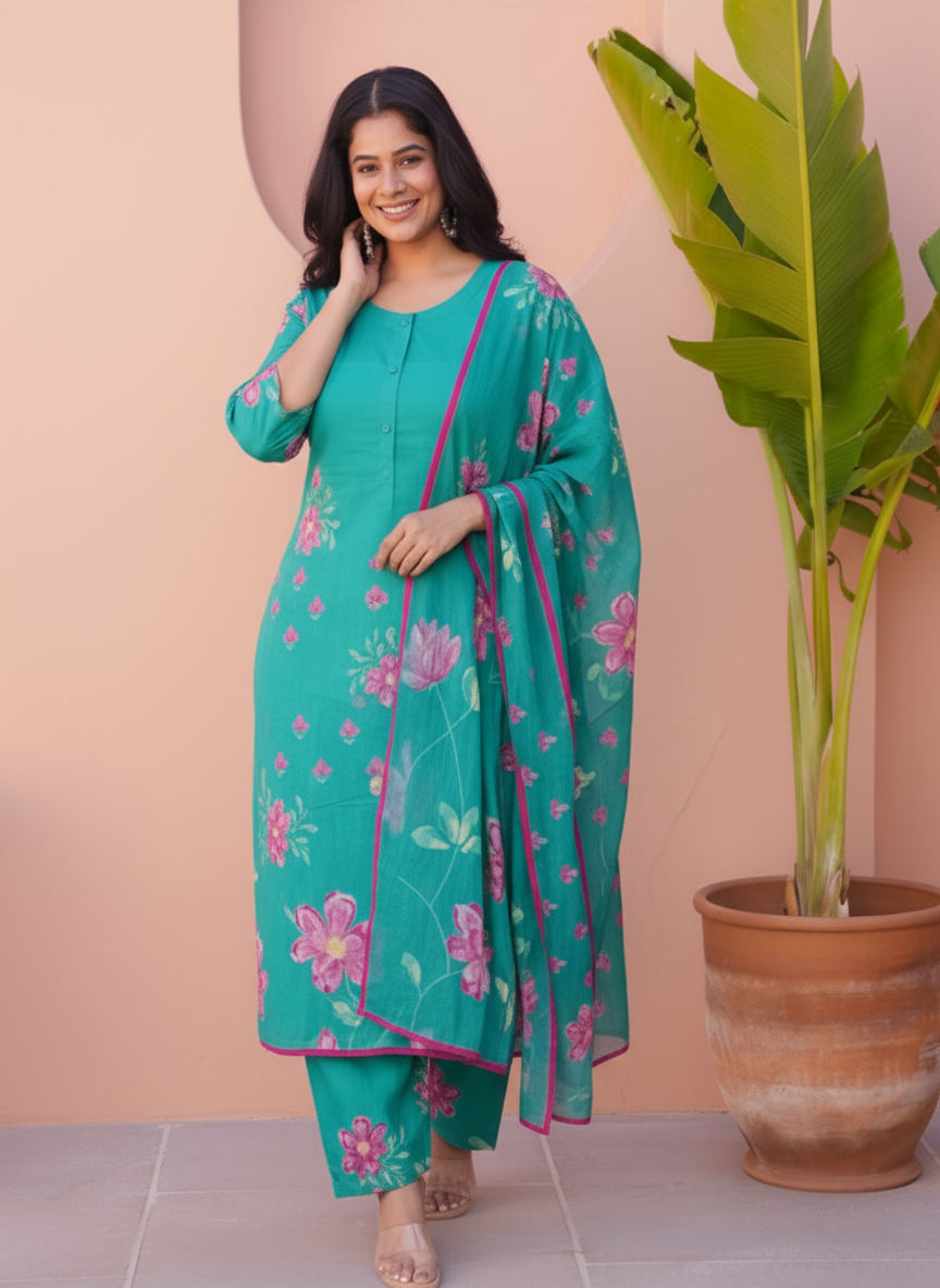 Soft Cotton Placement Print Flared Turquoise Kurta