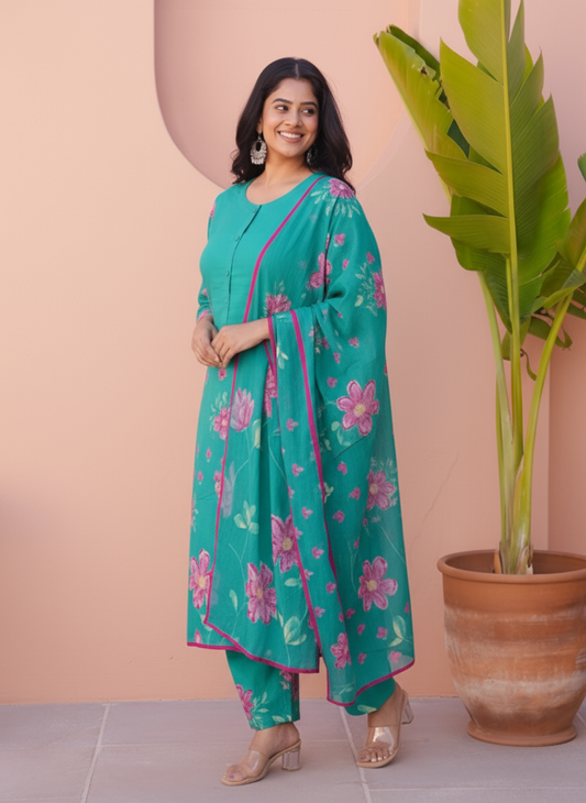 Soft Cotton Placement Print Flared Turquoise Kurta
