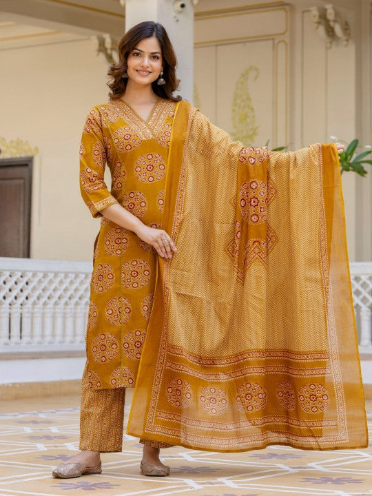 Anouk Floral Printed V-Neck Mirror Work Pure Cotton Kurta with Palazzos & Dupatta