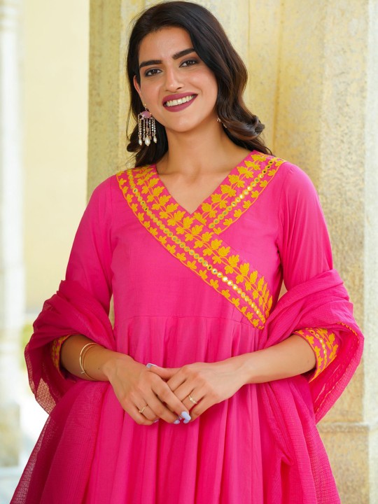 Ambraee Anarkali Mirror Work Organic Cotton Kurta with Trousers & Dupatta