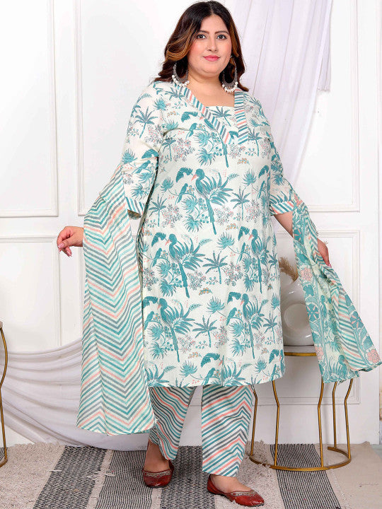 Floral Printed Pure Cotton Straight Kurta With Palazzo And Dupatta