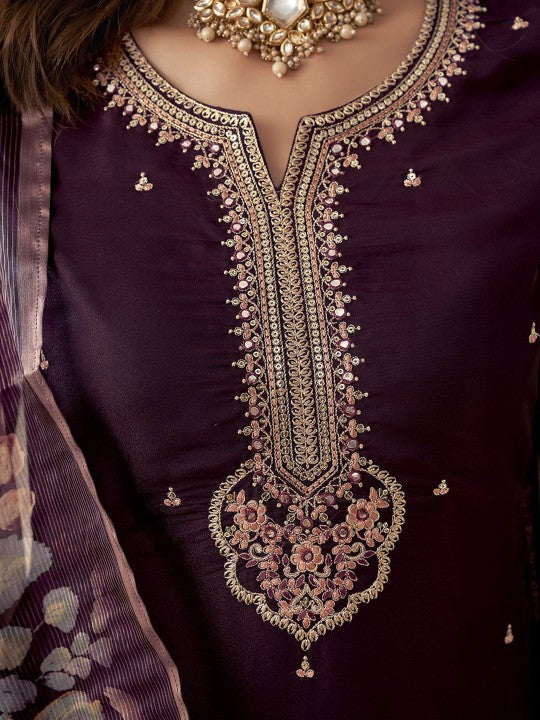 Anouk Violet Ethnic Motifs Embroidered Sequined Straight Kurta with Trousers & Dupatta
