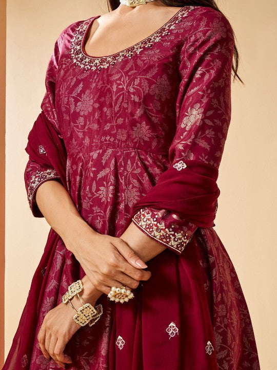 Global Desi Floral Printed Empire Thread Work Kurta with Churidar & Dupatta