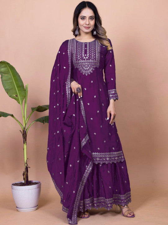 TEEYA CREATION Women Ethnic Motifs Embroidered Kurta with Sharara & Dupatta