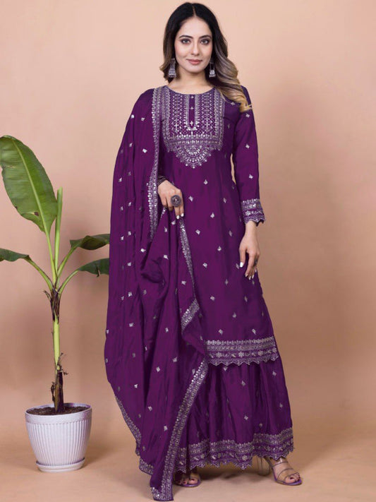 TEEYA CREATION Women Ethnic Motifs Embroidered Kurta with Sharara & Dupatta
