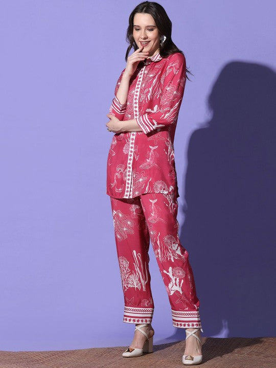 FUTURO Printed Shirt Collar Top With Trousers
