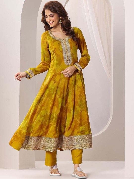 Printed Anarkali Kurta With Trousers & Dupatta