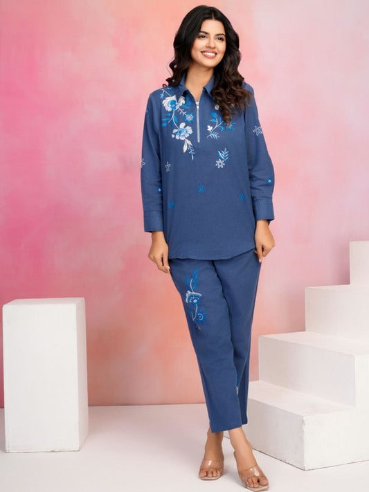 Women Navy Blue Cotton Flex Floral Co-Ord (Set of 2)