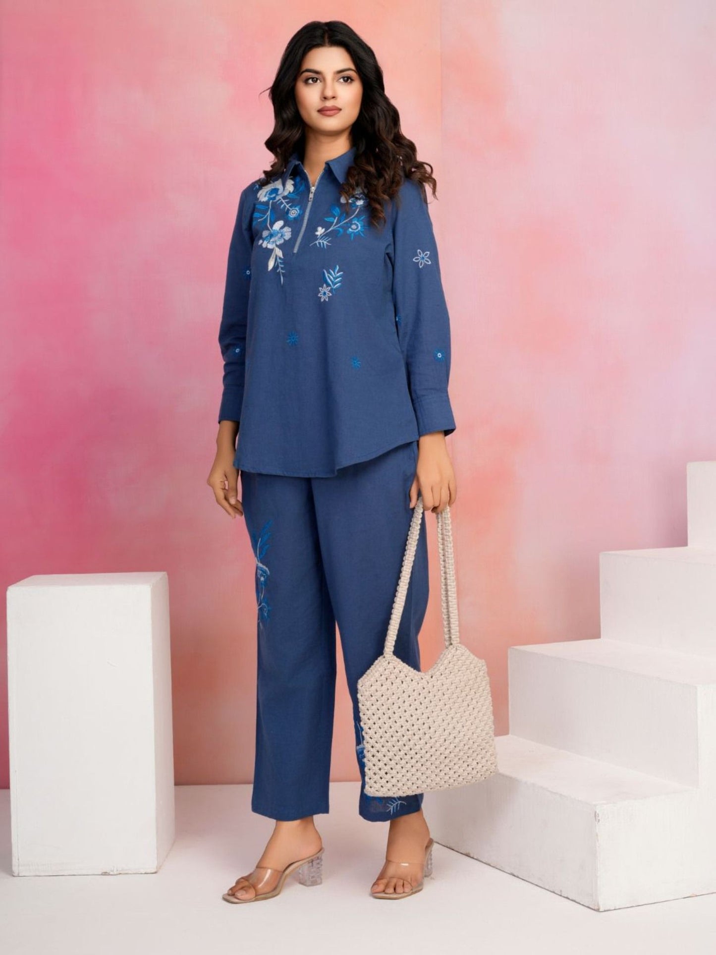 Women Navy Blue Cotton Flex Floral Co-Ord (Set of 2)