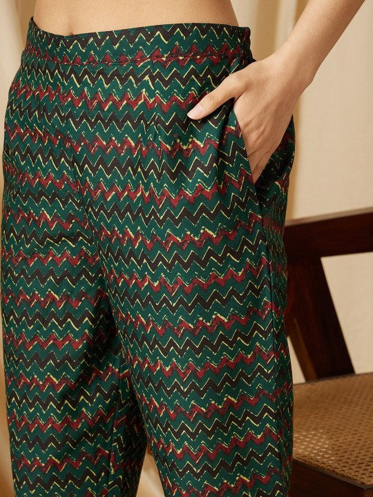 Ginni Arora Label Floral Printed V-Neck Pure Cotton Kurta with Trousers & Dupatta