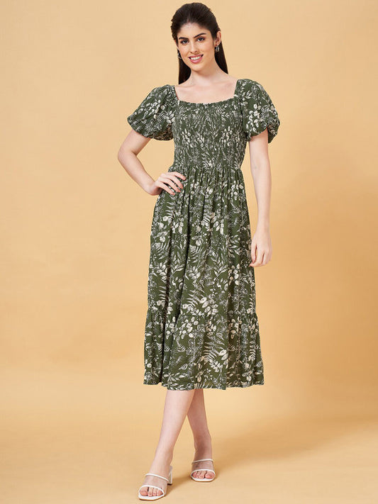 Honey by Pantaloons Floral Print Puff Sleeve A-Line Midi Dress