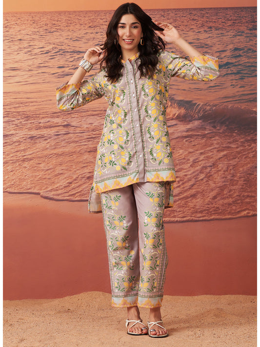 Beige Printed Remi Linen Co-Ord For Women (Set of 2)