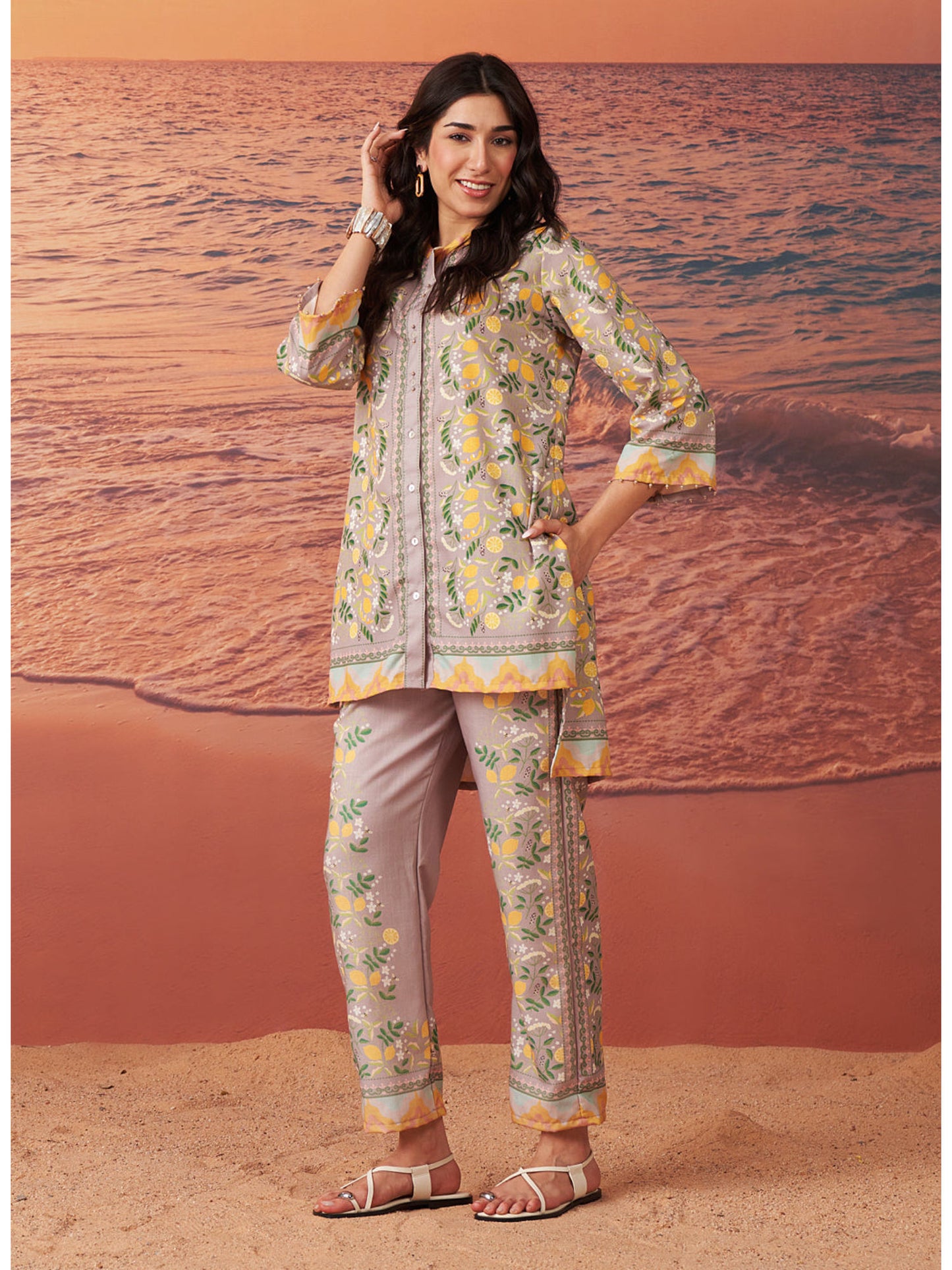 Beige Printed Remi Linen Co-Ord For Women (Set of 2)