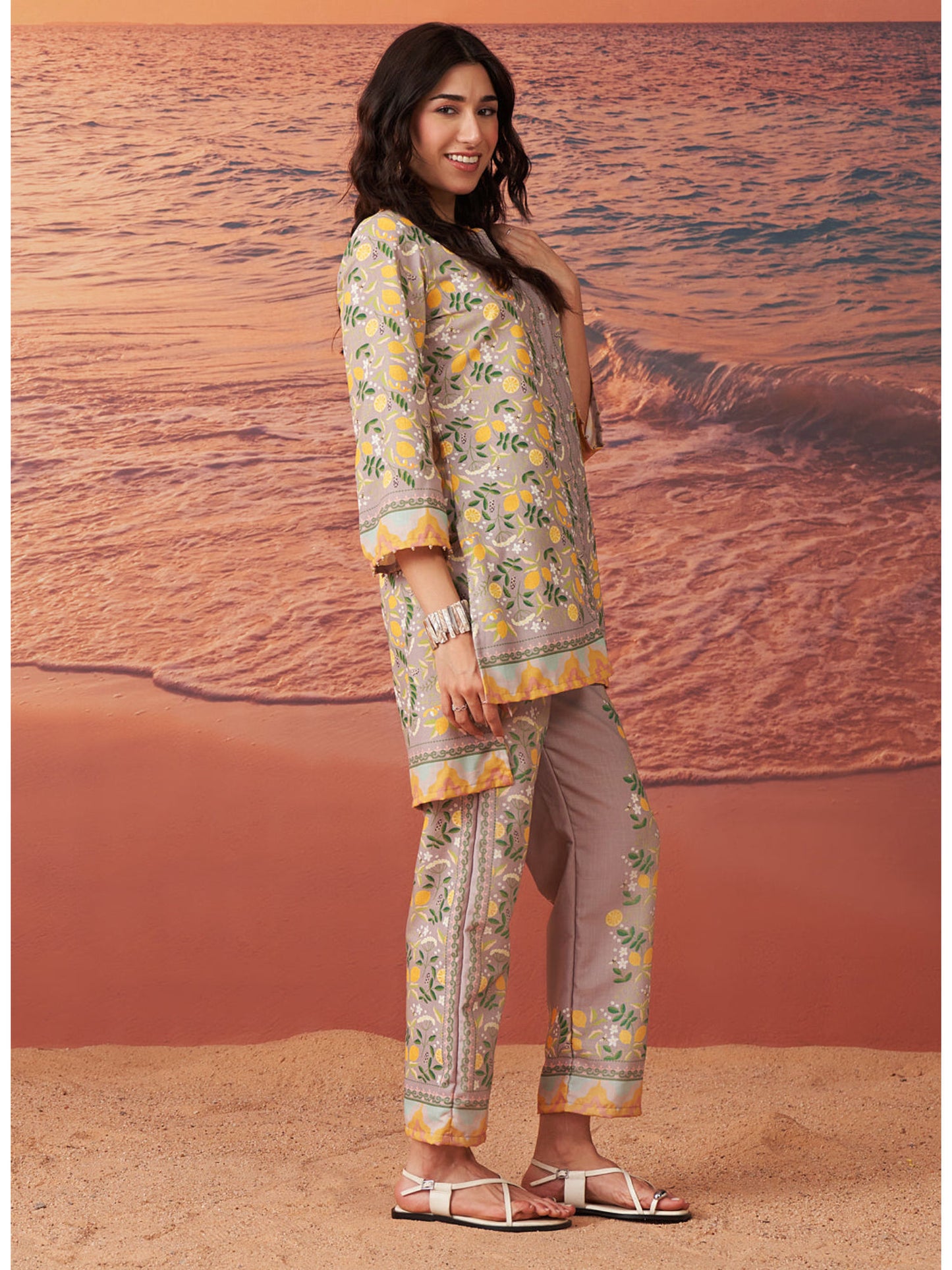 Beige Printed Remi Linen Co-Ord For Women (Set of 2)