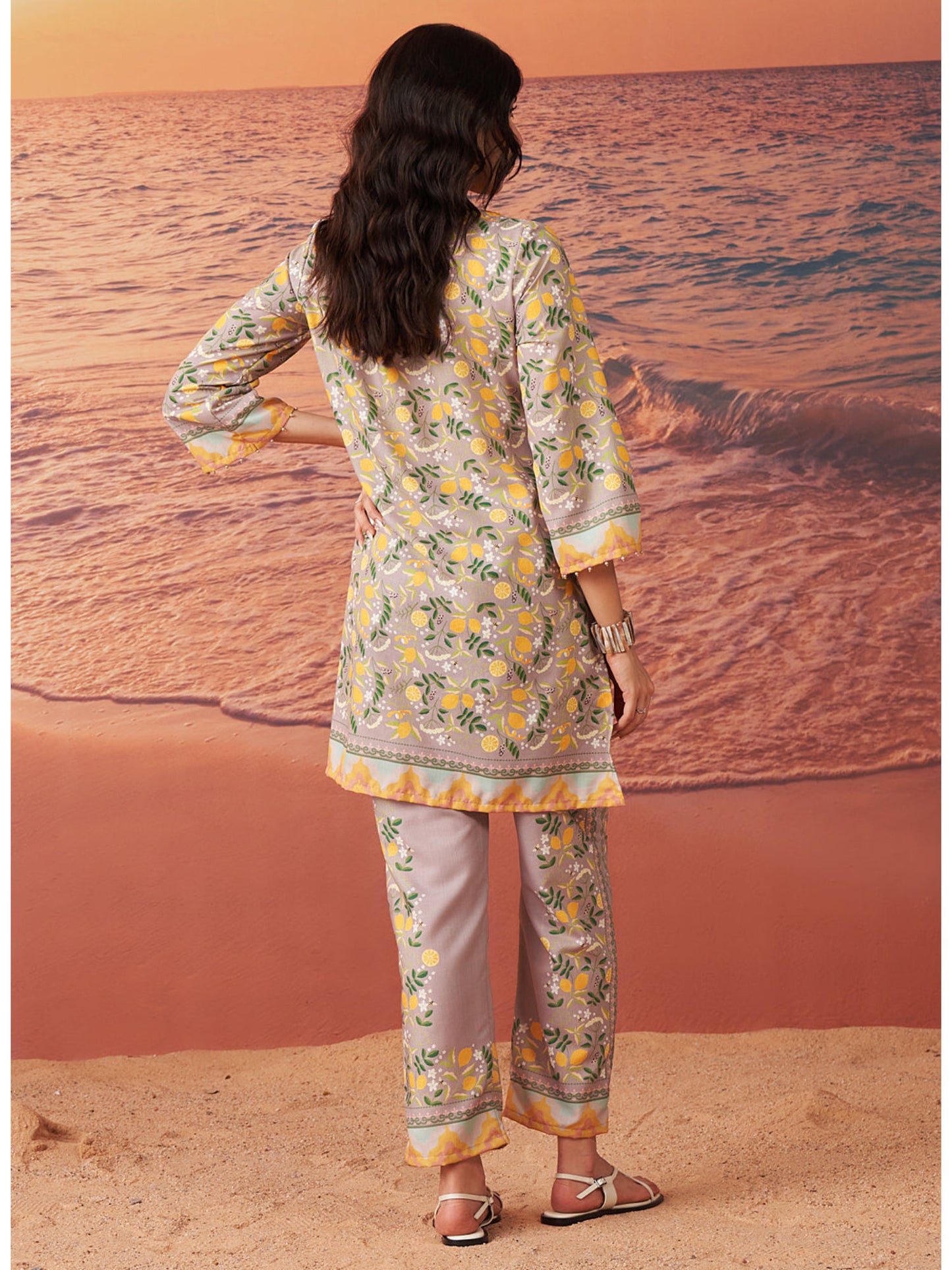 Beige Printed Remi Linen Co-Ord For Women (Set of 2)