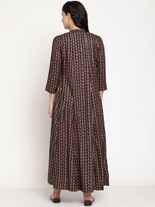 Be Indi Rayon Ethnic Motifs Printed Mandarin Collar Maxi Dress