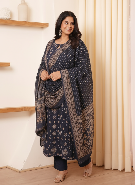 Embroidered Viscose Geometric Straight Black Kurta