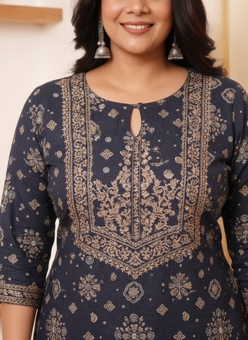 Embroidered Viscose Geometric Straight Black Kurta