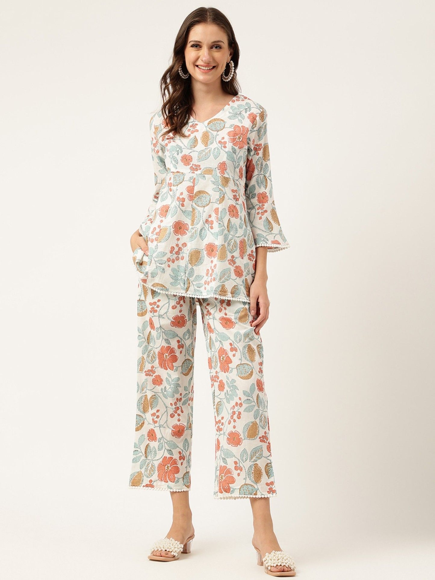Floral Printed Cotton Tunic With Pant (Set of 2)