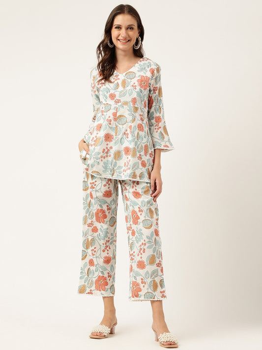 Floral Printed Cotton Tunic With Pant (Set of 2)
