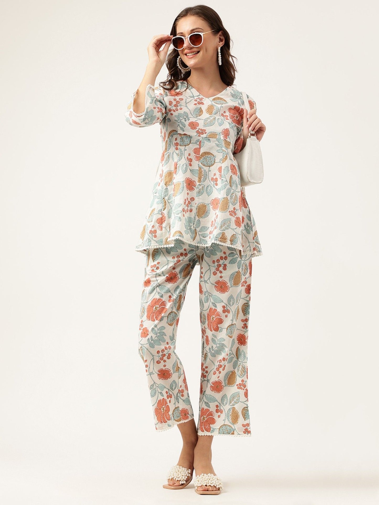 Floral Printed Cotton Tunic With Pant (Set of 2)