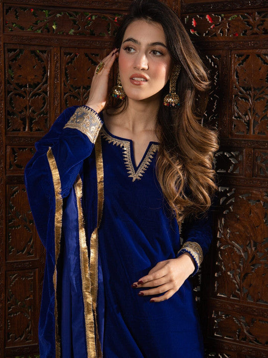 DIMPLE DESIGN STUDIO Floral Embroidered Velvet Straight Kurta With Palazzos & Dupatta