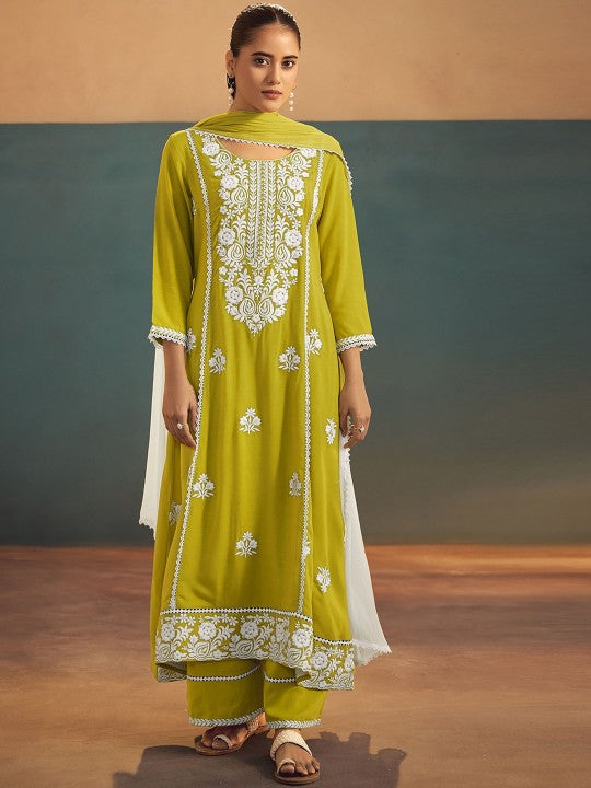 Anouk Floral Embroidered Round Neck Thread Work A-Line Kurta & Palazzos With Dupatta