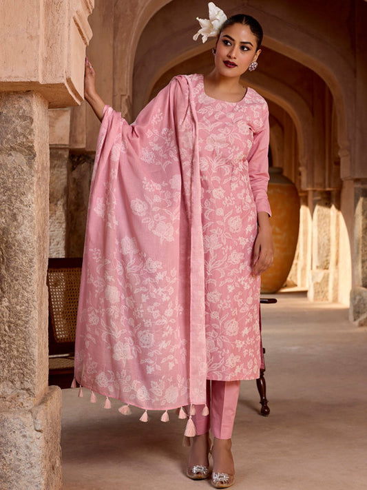 WOMEN PLUS Women Floral Printed Cotton Kurta with Trousers & Dupatta