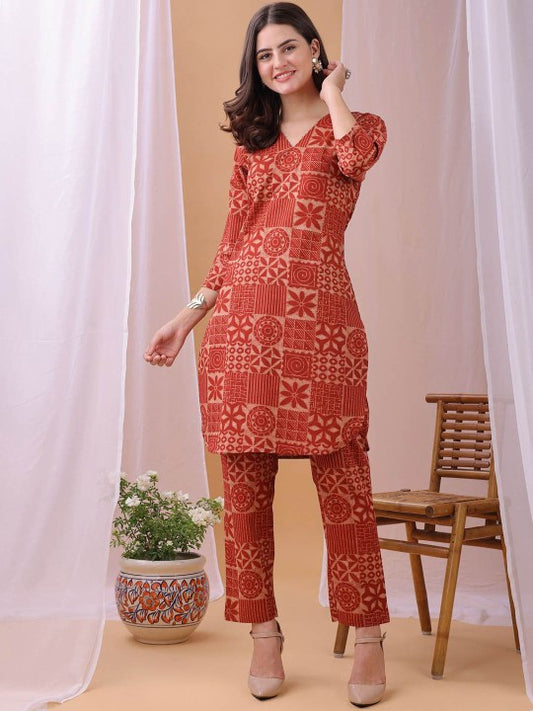 Fourleaf Printed V Neck Top With Trousers Co-Ords