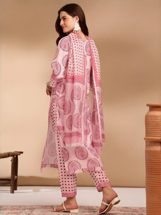 Ethnic basket Women Pink Cotton Blend Kurta Sets With Dupatta