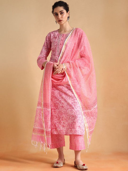 JAIPURIBANNO Women Printed Pure Cotton Kurta with Palazzos &  Dupatta