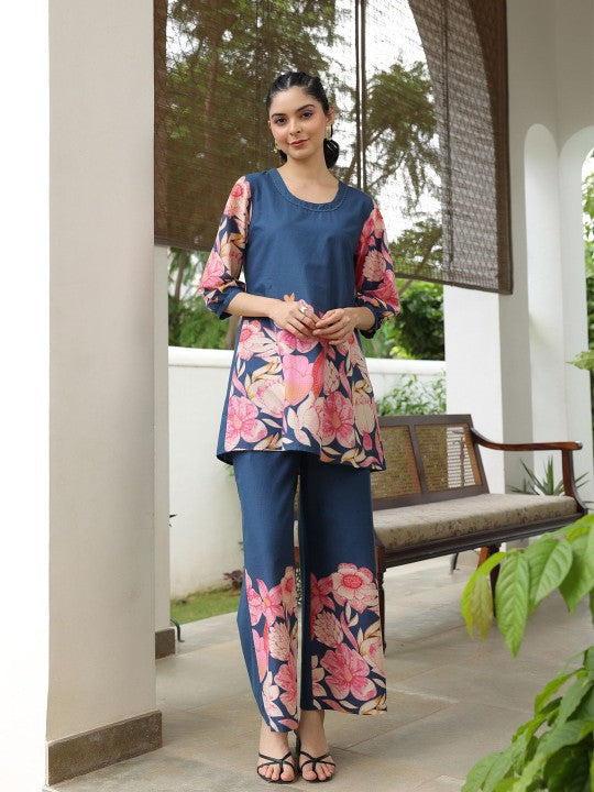Floral Printed Pure Cotton Tunic With Trousers