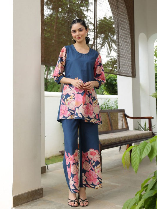JISORA Blue Floral Printed Pure Cotton Tunic With Trousers
