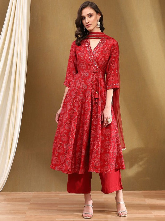 Biba Floral Printed V-Neck Angrakha Mirror Work Anarkali Kurta