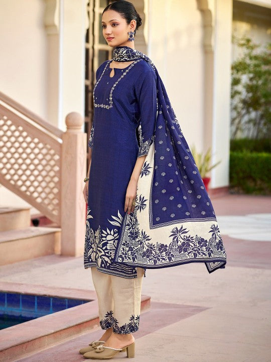 AVITRA Floral Printed Round Neck Beads And Stones Straight Kurta With Trousers & Dupatta