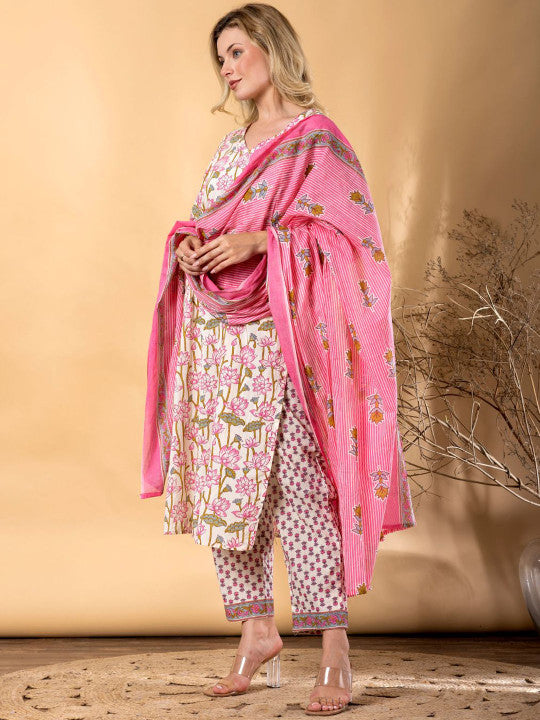 Floral Printed Straight Pure Cotton Kurta With Trousers & Dupatta