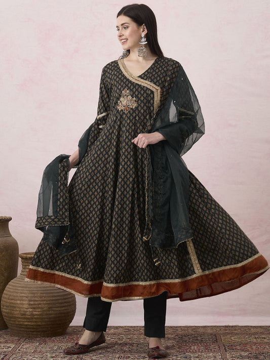 FASHOR Floral Printed V-Neck Pure Cotton Angrakha Anarklai Kurta & Trousers With Dupatta