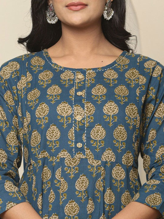 Yufta Floral Printed Pure Cotton Maternity Anarkali Kurta With Trousers & Dupatta