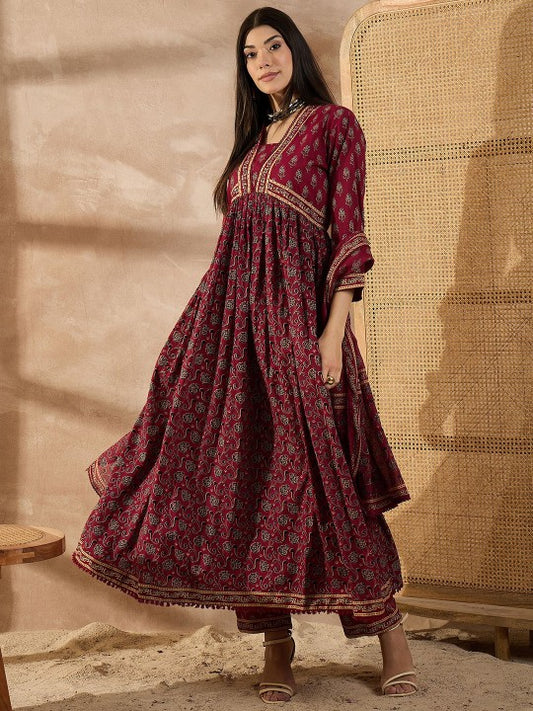 all about you Ethnic Motif Printed Beads & Stones Pleated Kurta With Trouser & Dupatta