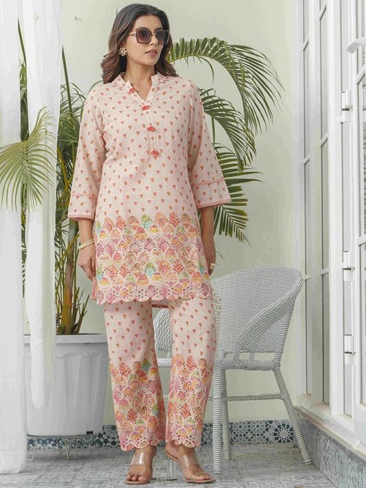 Floral Printed Pure Cotton Mandarin Collar Tunic With Trousers