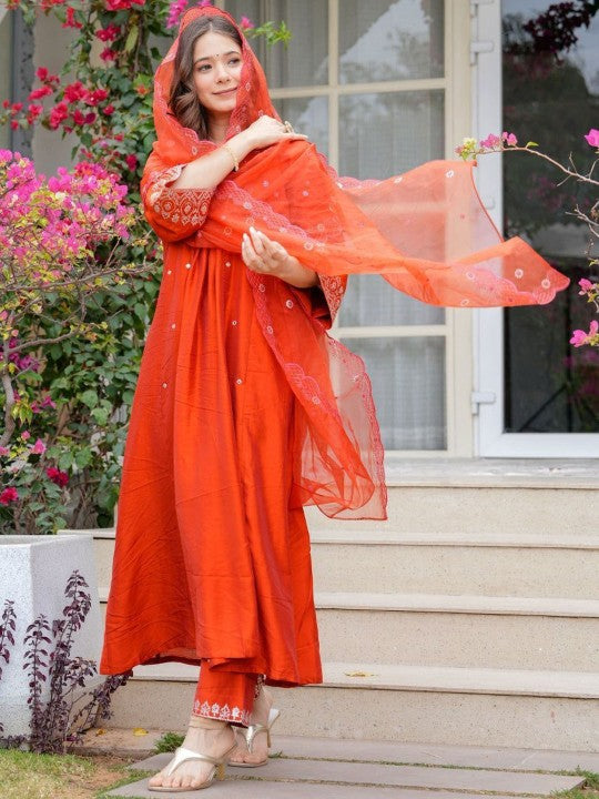 Yara Creation Floral Embroidered V-Neck Sequinned A-Line Kurta With Trousers And Dupatta