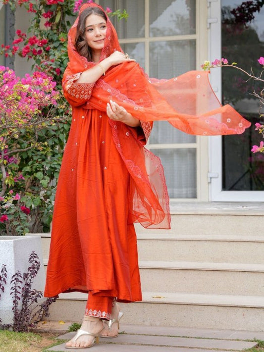 Yara Creation Floral Embroidered V-Neck Sequinned A-Line Kurta With Trousers And Dupatta
