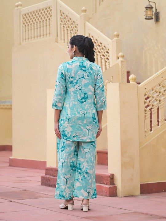 Floral Printed Shirt Collar Pure Cotton Tunic With Palazzo