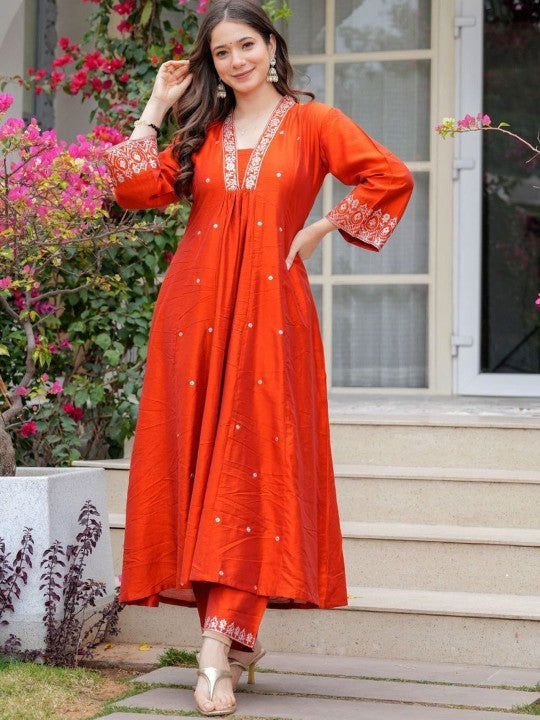 Yara Creation Floral Embroidered V-Neck Sequinned A-Line Kurta With Trousers And Dupatta