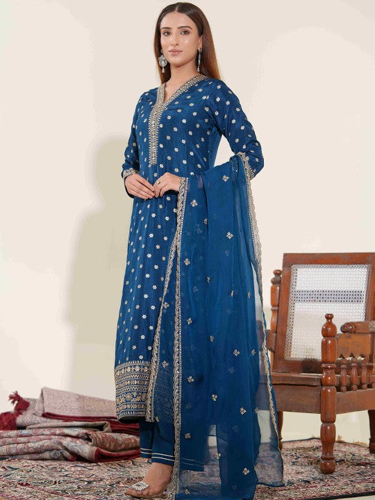 House of Pataudi Floral Woven Design V-Neck Pure Silk Kurta