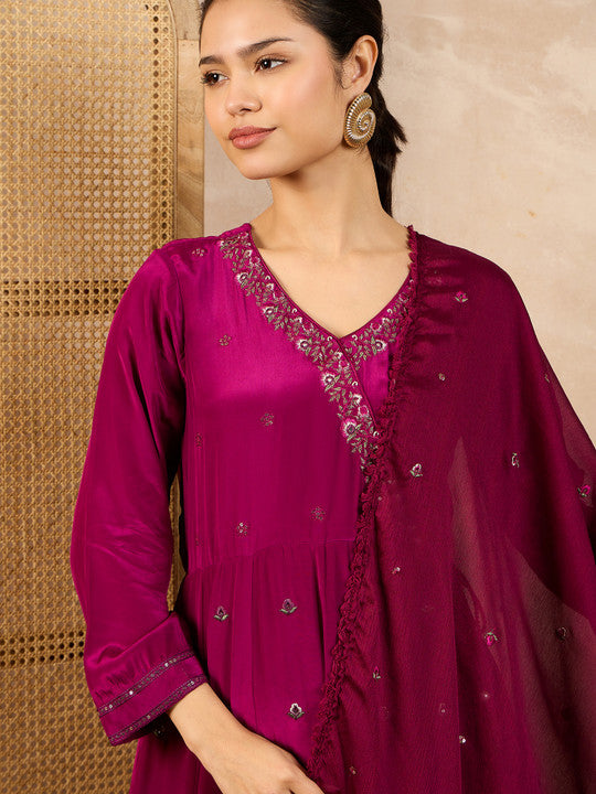 all about you Floral Embroidered Sequinned Anarkali Kurta With Trousers And Dupatta