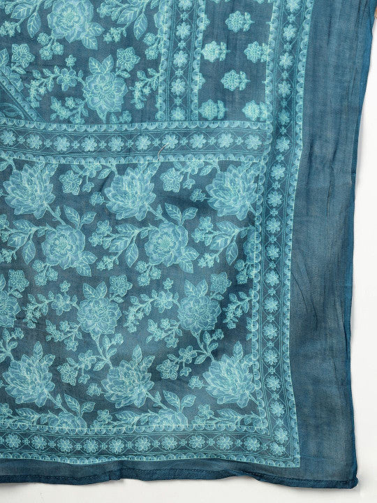 Yufta Floral Printed Sequinned Pure Cotton Kurta With Trousers & Dupatta