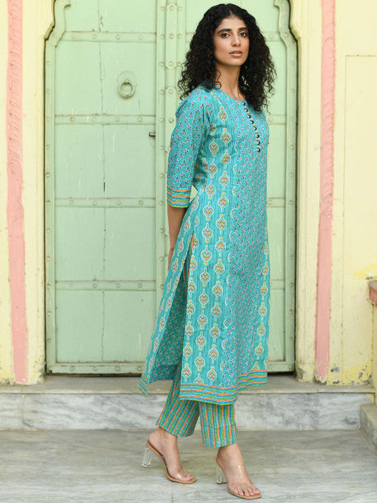 Floral Printed Pure Cotton Straight Kurta With Trousers & Dupatta